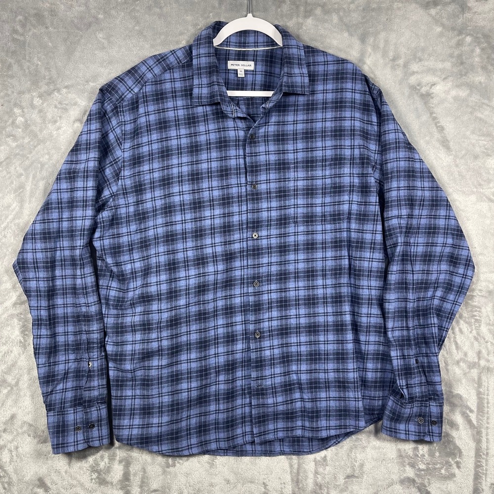 Peter‎ Millar Mens Plaid Lightweight Flannel Long Sleeve Button Up Shirt XL Blue